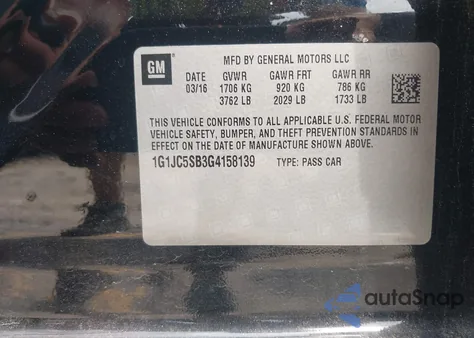 2016 Chevrolet Sonic Lt Auto z USA, uszkodzony, nr VIN 1G1JC5SB3G4158139